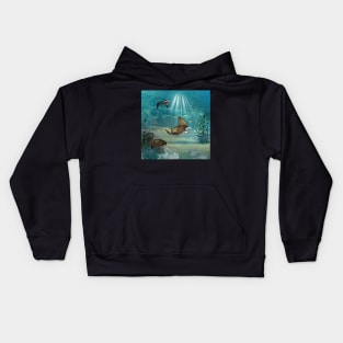 manta, steampunk, ocean, sea, fish, animal, fantasy, swimming, water, bubble Kids Hoodie